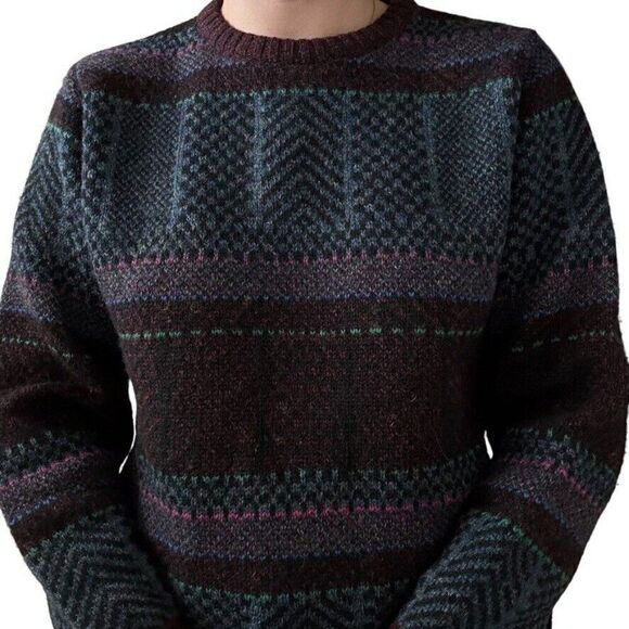 Vintage Unisex Rainbow 100% Wool Geometric Oversized Stripe Grandpa Sweater Sz S - Picture 4 of 6